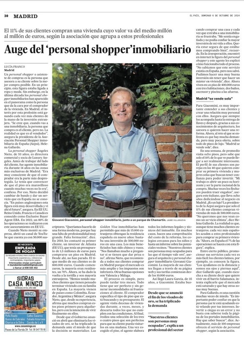 entrevista del periódico El PAIS a Giovanni Giacomini sobre el auge de los personal shoppers inmobiliarios en Madrid