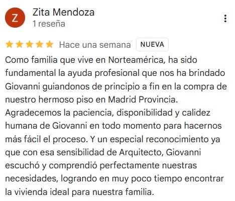 reseña positiva, opinión sobre personal shoppe rinmobiliario Giovanni Giacomini, asesor inmobiliario en Madrid