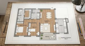 Plano de un piso con la superficie útil y construida diferenciadas para calcular el precio por metro cuadrado real
