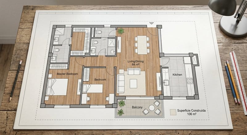 Plano de un piso con la superficie útil y construida diferenciadas para calcular el precio por metro cuadrado real
