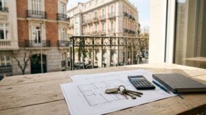 Planos, llaves y calculadora sobre una mesa frente a un edificio de Madrid: asesor financiero inmobiliario