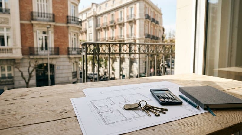 Planos, llaves y calculadora sobre una mesa frente a un edificio de Madrid: asesor financiero inmobiliario